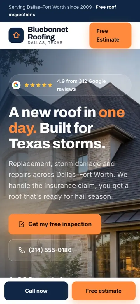 SiteReady roofing demo showing services, a review summary, and prominent Call now and Free estimate options.